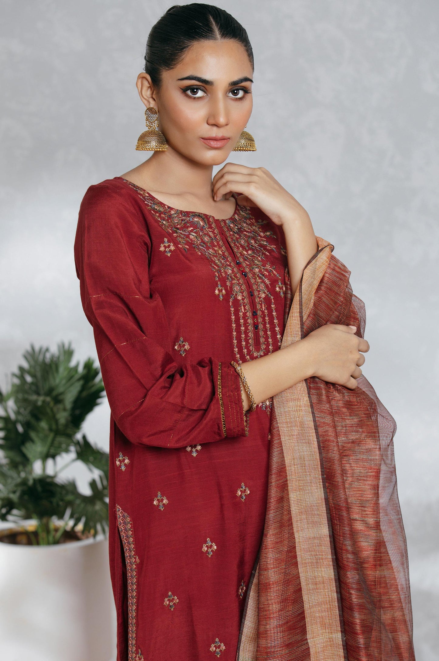 Stitched 3 Piece Raw Silk Embroidered Suit