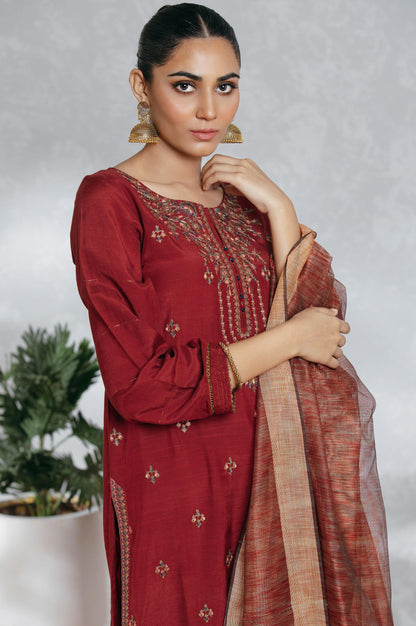 Stitched 3 Piece Raw Silk Embroidered Suit