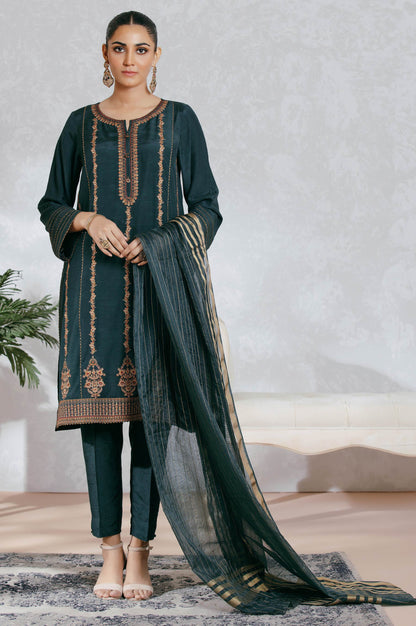 Stitched 3 Piece Raw Silk Embroidered Suit