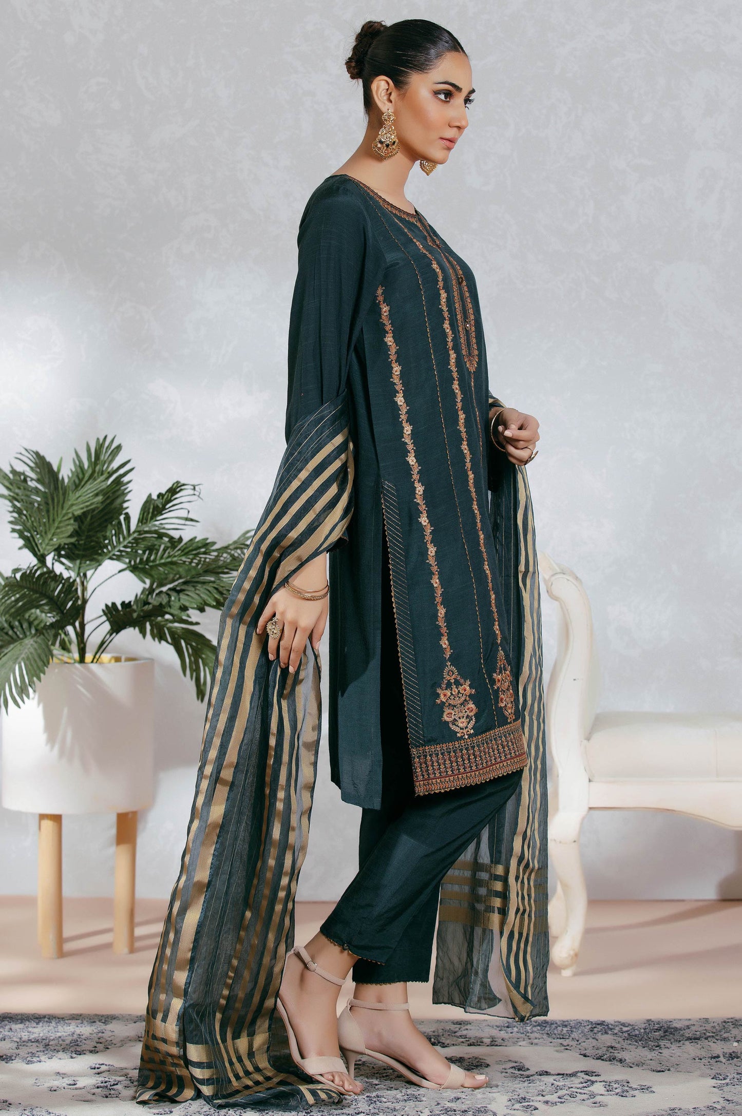 Stitched 3 Piece Raw Silk Embroidered Suit