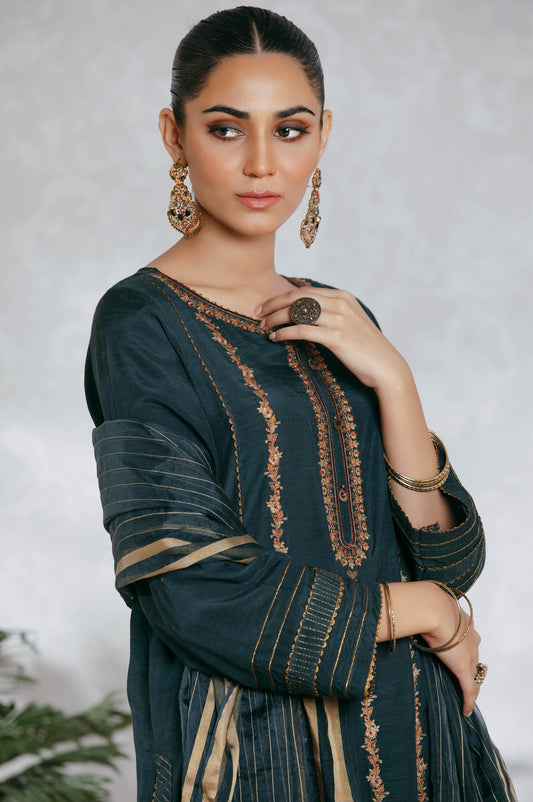 Stitched 3 Piece Raw Silk Embroidered Suit