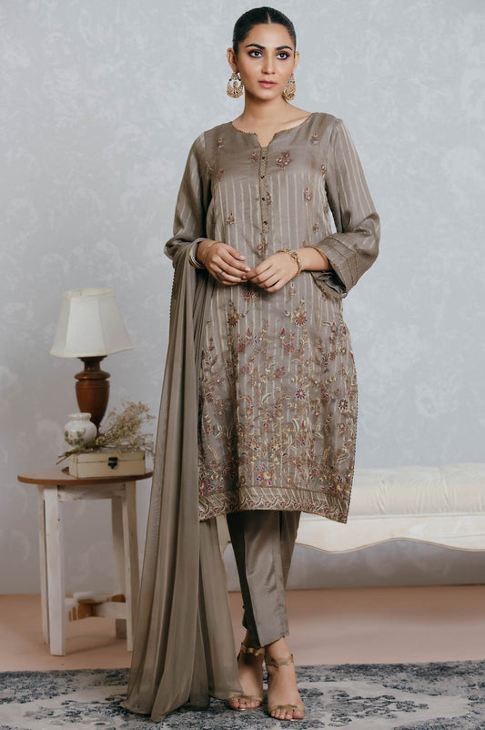 Stitched 3 Piece Striped Organza Embroidered Suit