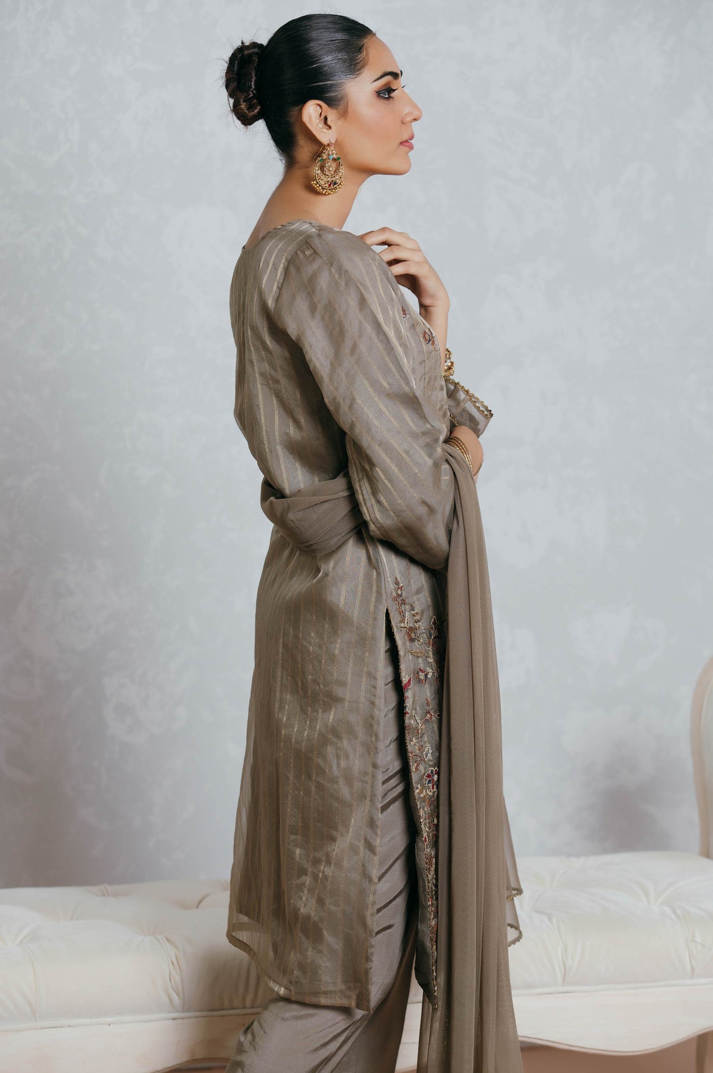 Stitched 3 Piece Striped Organza Embroidered Suit