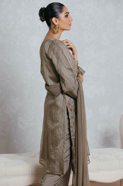 Stitched 3 Piece Striped Organza Embroidered Suit