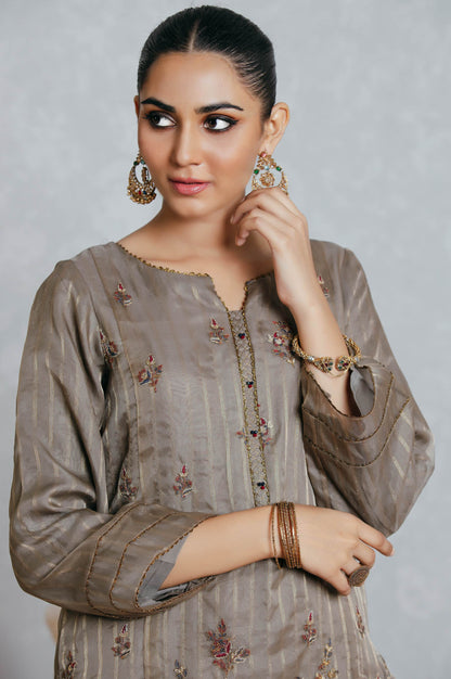 Stitched 3 Piece Striped Organza Embroidered Suit