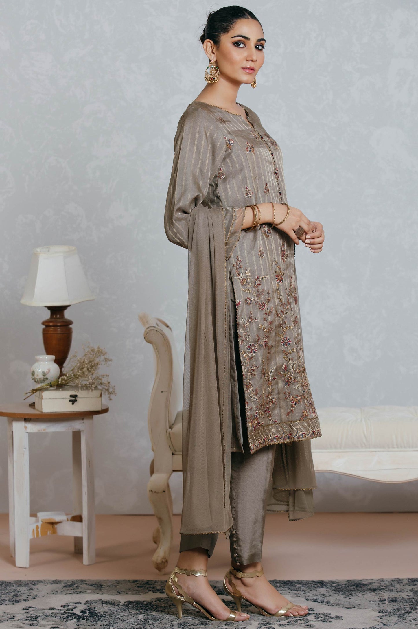 Stitched 3 Piece Striped Organza Embroidered Suit