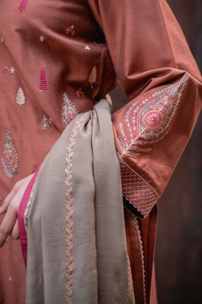 Stitched 3 Piece Cotton Silk Embroidered Suit with Screen Printed Dupatta