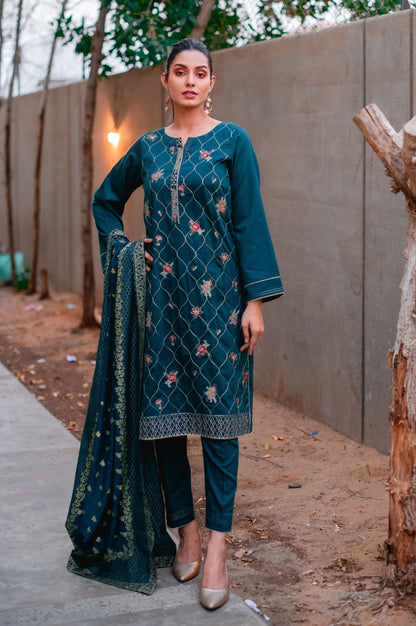 Stitched 3 Piece Cotton Silk Embroidered Suit