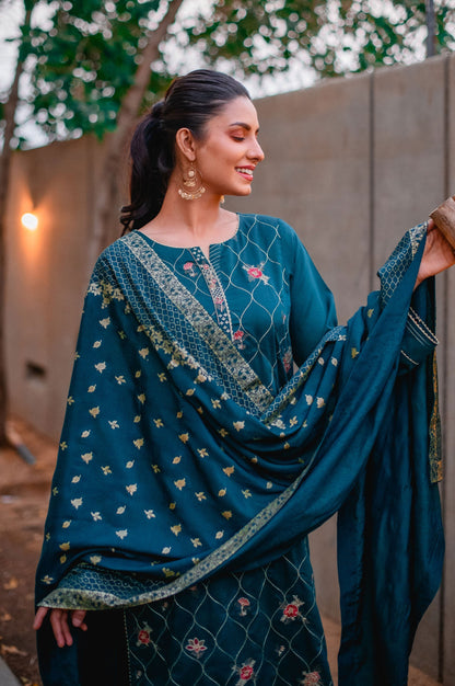 Stitched 3 Piece Cotton Silk Embroidered Suit