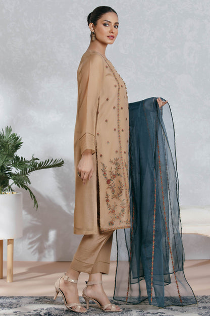 Stitched 3 Piece Textured Organza Embroidered Suit