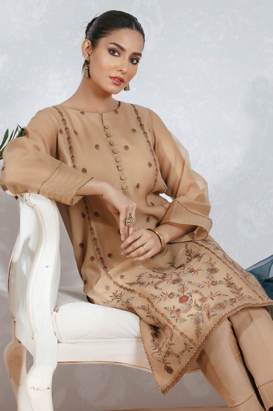 Stitched 3 Piece Textured Organza Embroidered Suit