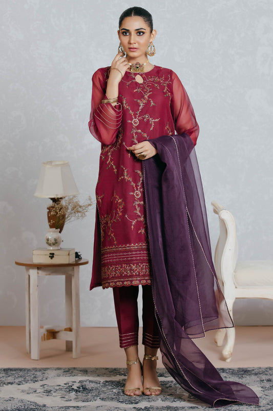 Stitched 3 Piece Textured Organza Embroidered Suit