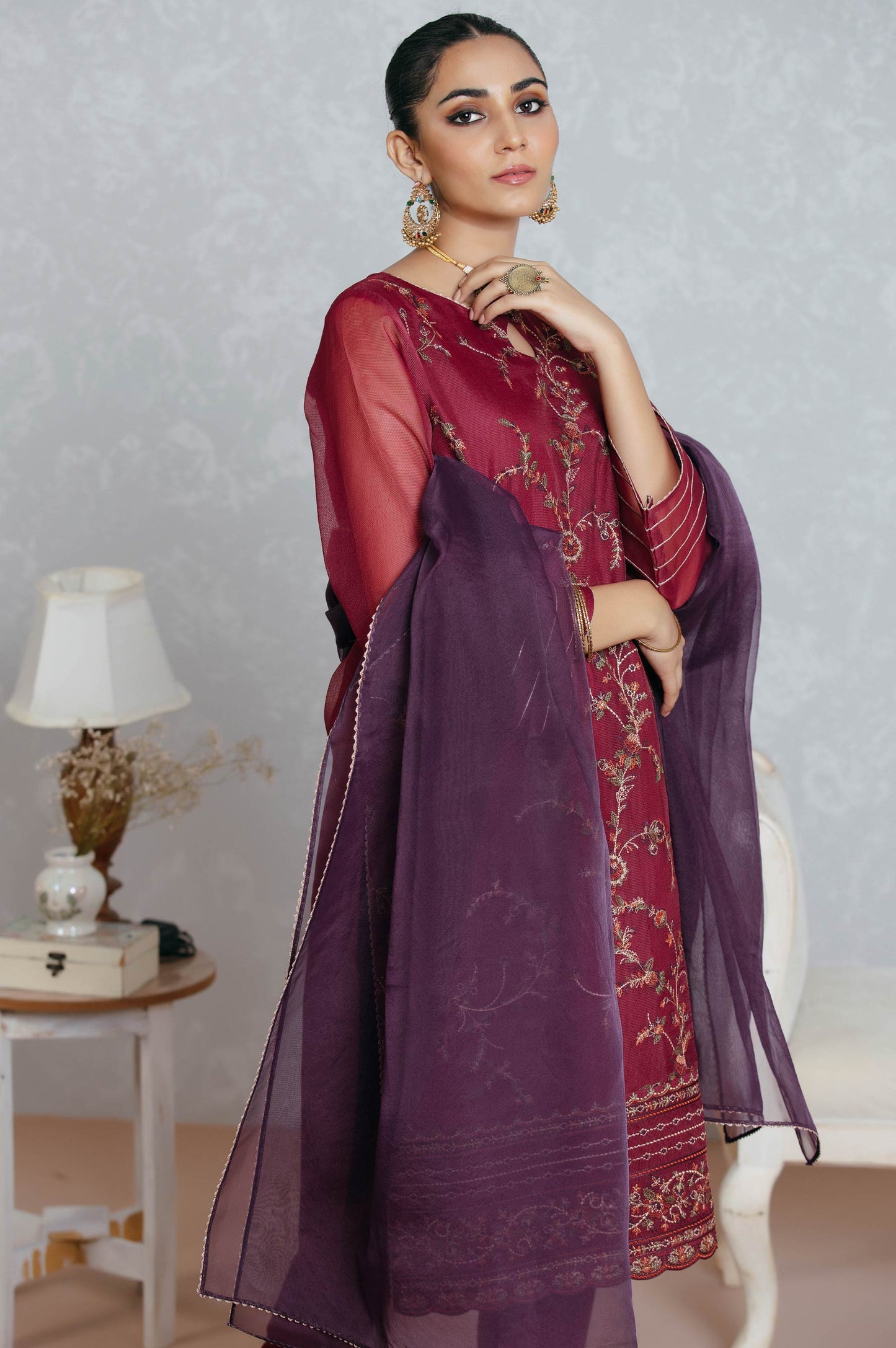 Stitched 3 Piece Textured Organza Embroidered Suit