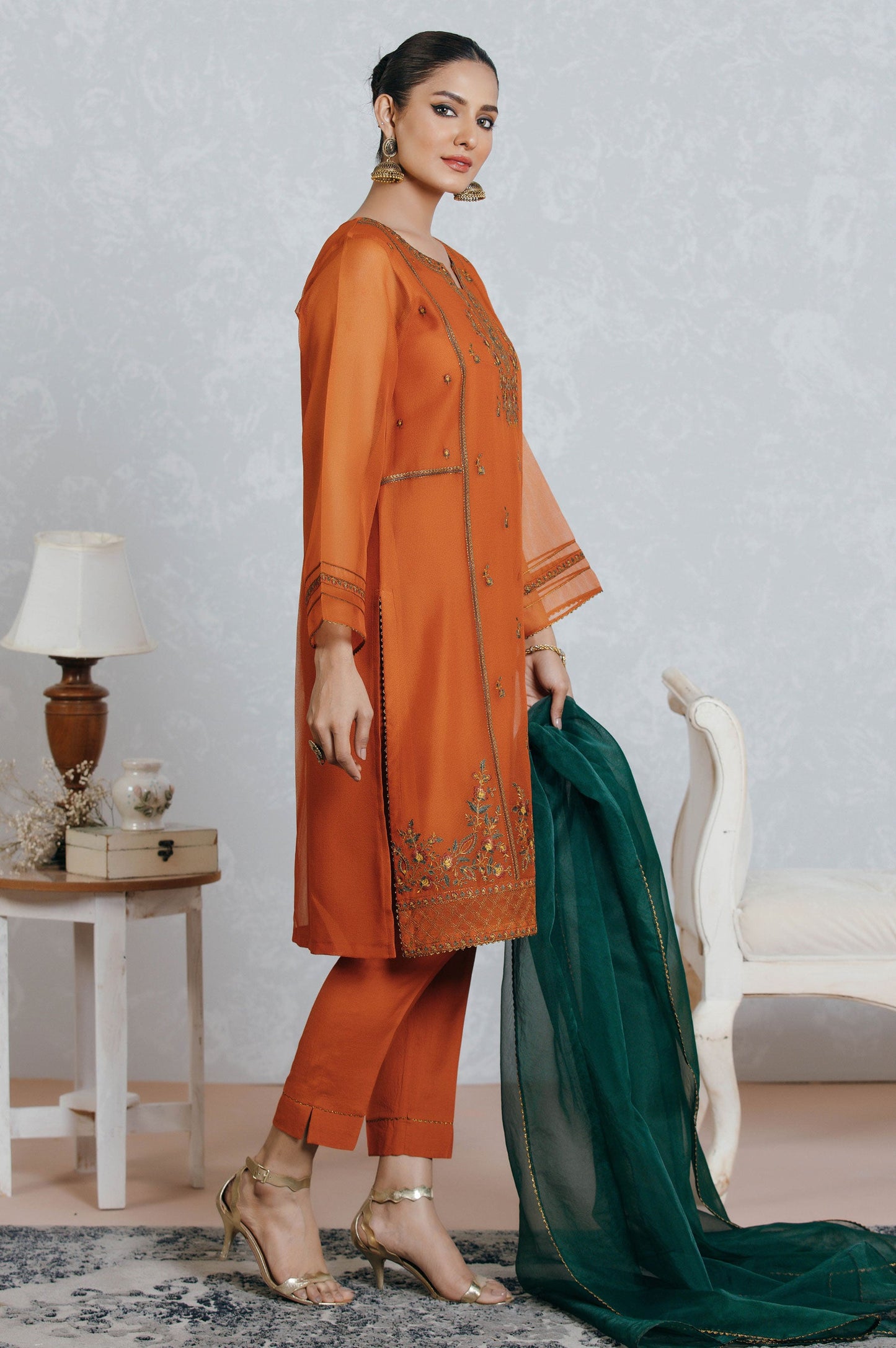 Stitched 3 Piece Organza Embroidered Suit