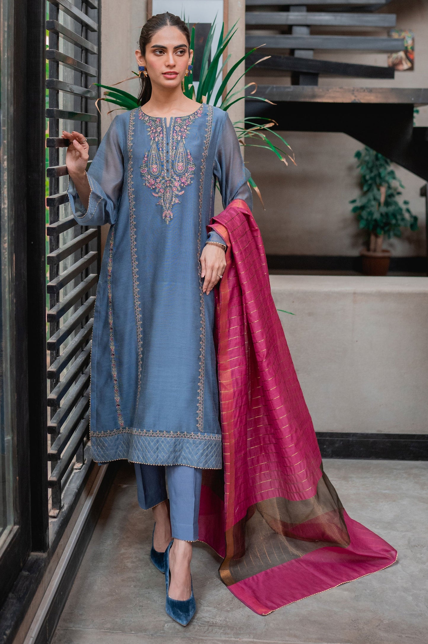 Stitched 3 Piece Khaddi Net Embroidered Suit