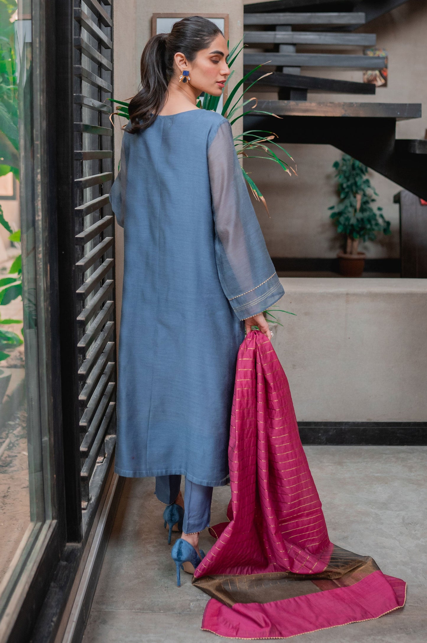 Stitched 3 Piece Khaddi Net Embroidered Suit