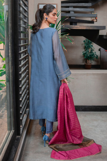 Stitched 3 Piece Khaddi Net Embroidered Suit