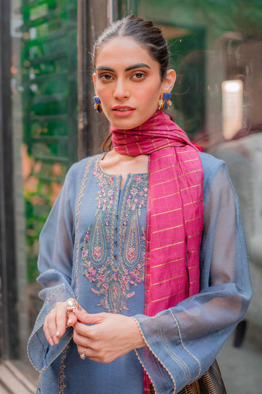 Stitched 3 Piece Khaddi Net Embroidered Suit