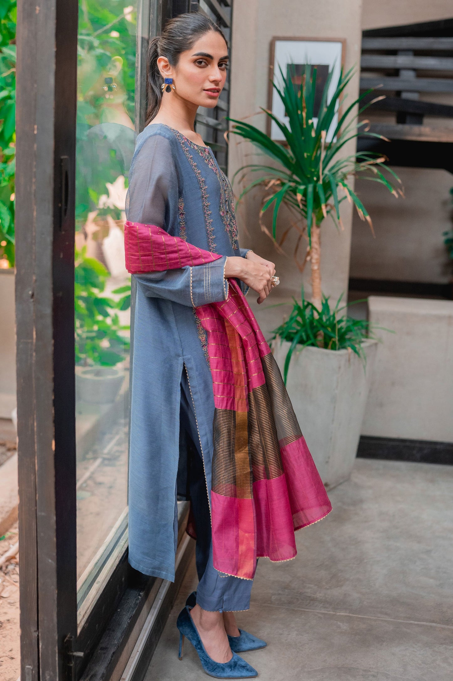 Stitched 3 Piece Khaddi Net Embroidered Suit