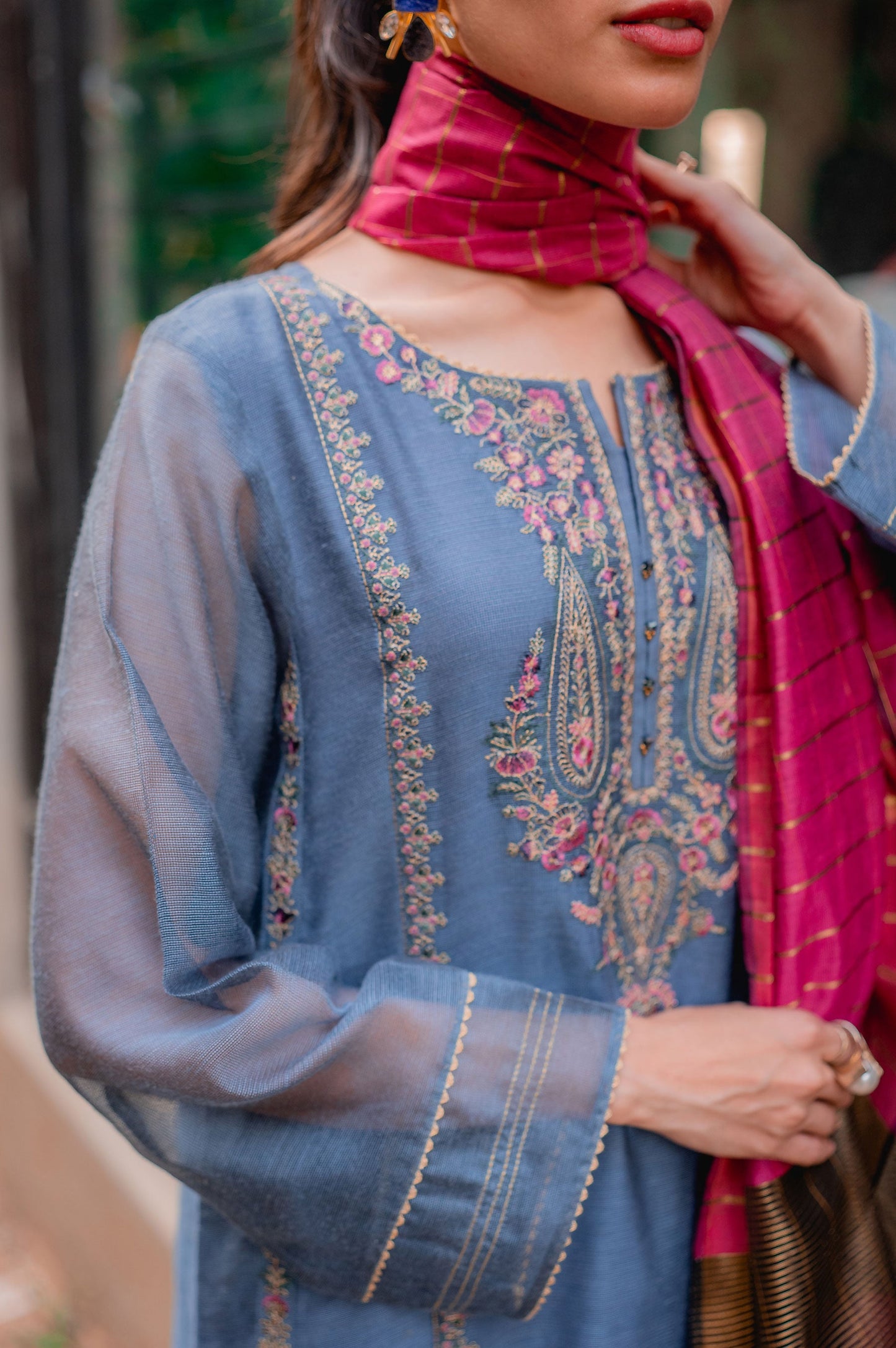 Stitched 3 Piece Khaddi Net Embroidered Suit