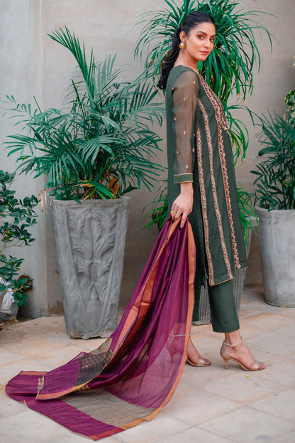 Stitched 3 Piece Khaddi Net Embroidered Suit