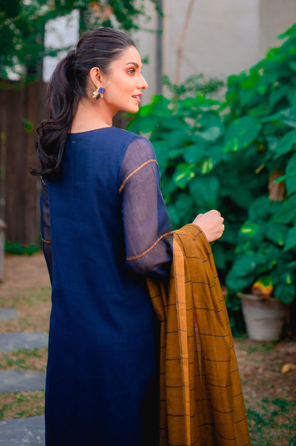 Stitched 3 Piece Khaddi Net Embroidered Suit