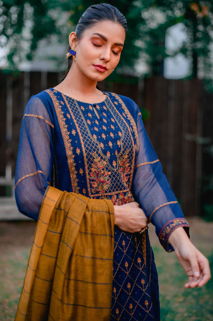 Stitched 3 Piece Khaddi Net Embroidered Suit