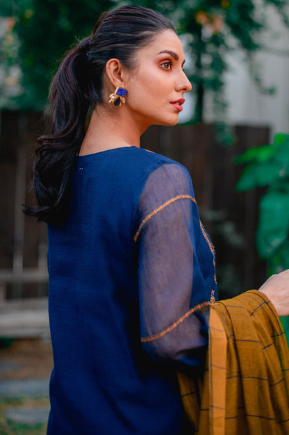 Stitched 3 Piece Khaddi Net Embroidered Suit