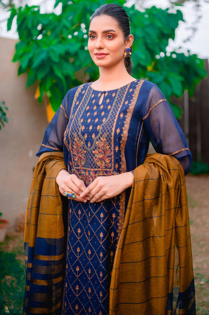 Stitched 3 Piece Khaddi Net Embroidered Suit