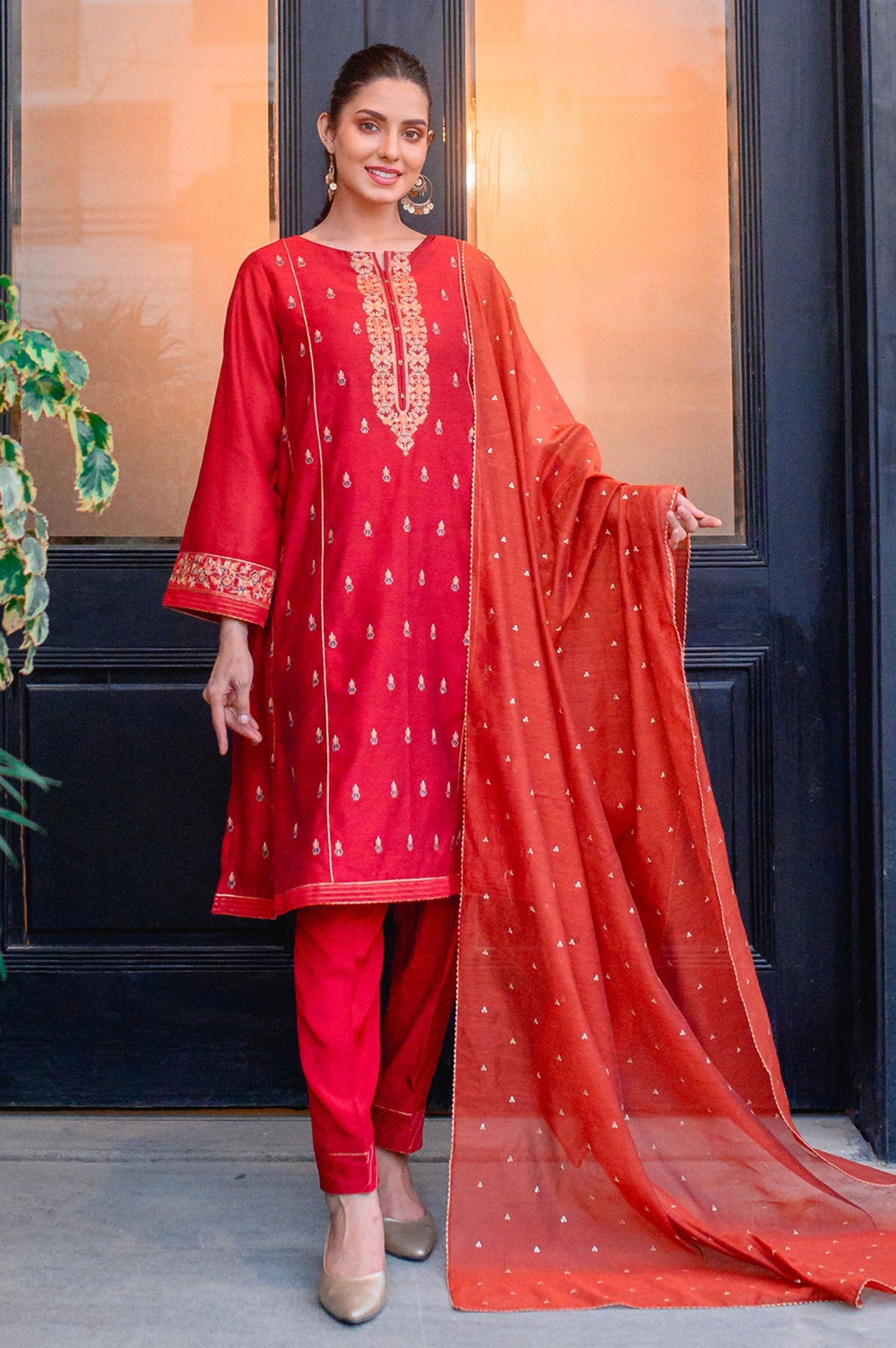Stitched 3 Piece Cotton Net Embroidered Suit