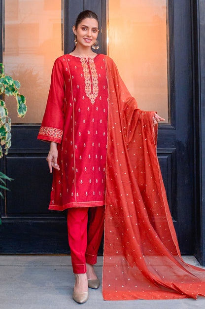 Stitched 3 Piece Cotton Net Embroidered Suit