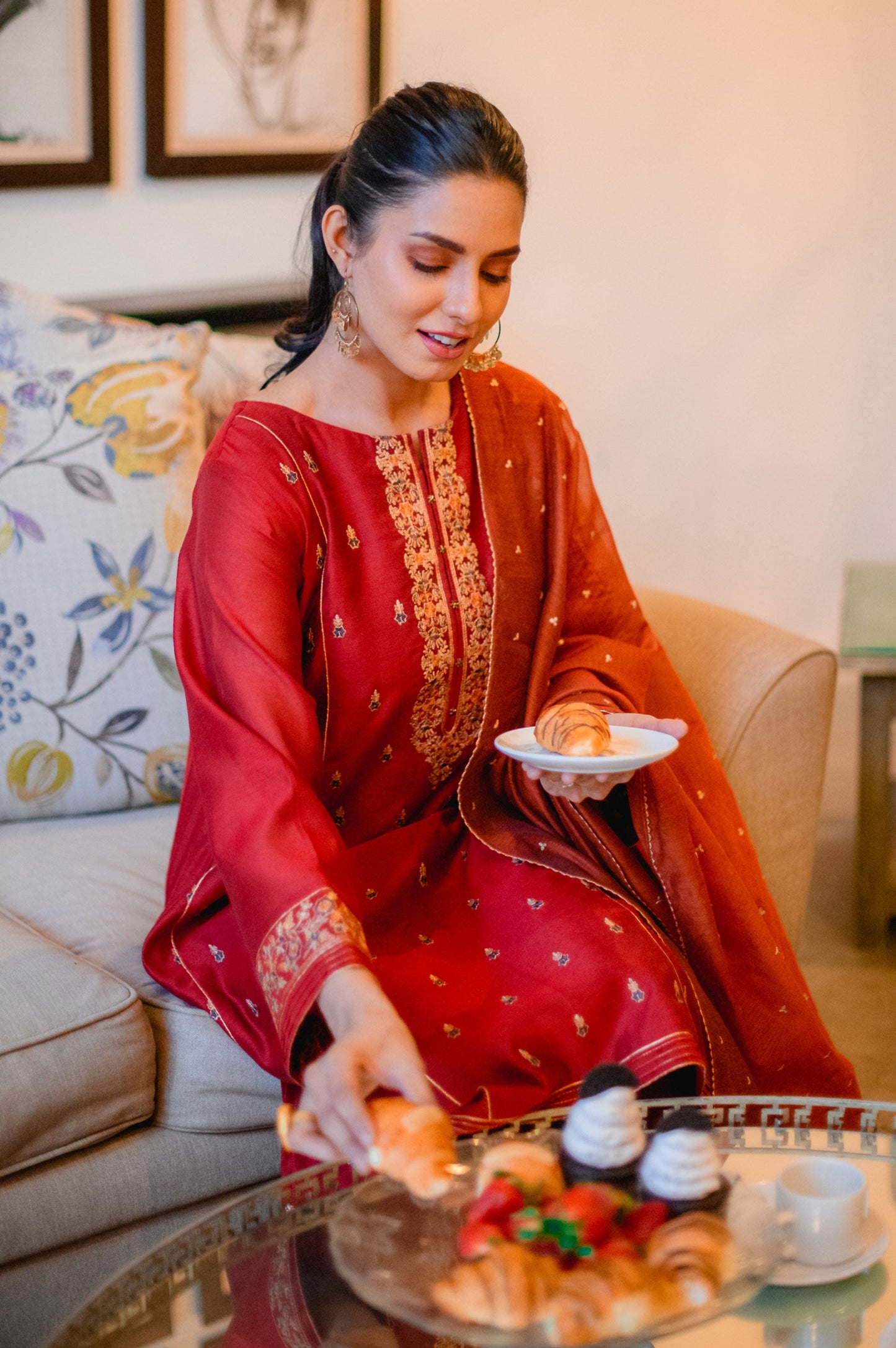 Stitched 3 Piece Cotton Net Embroidered Suit