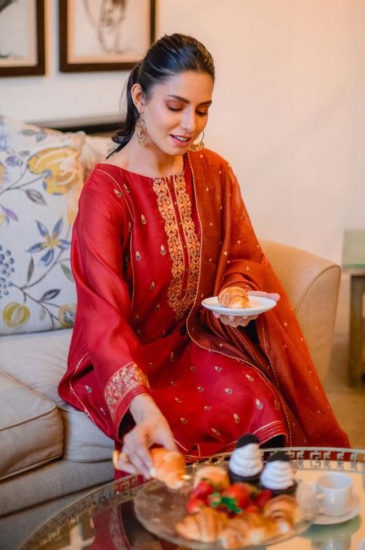 Stitched 3 Piece Cotton Net Embroidered Suit