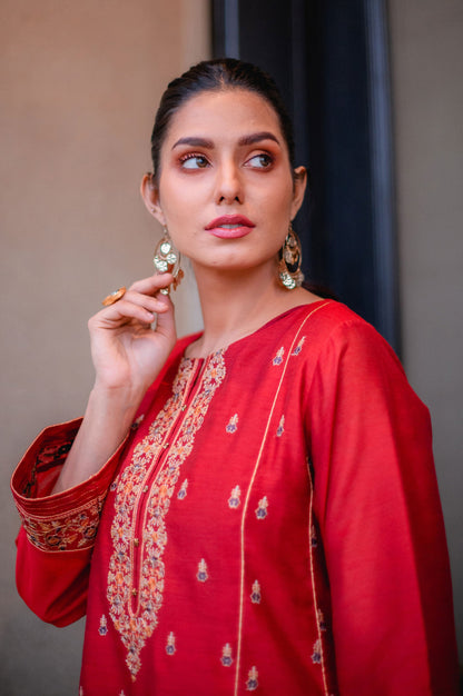 Stitched 3 Piece Cotton Net Embroidered Suit