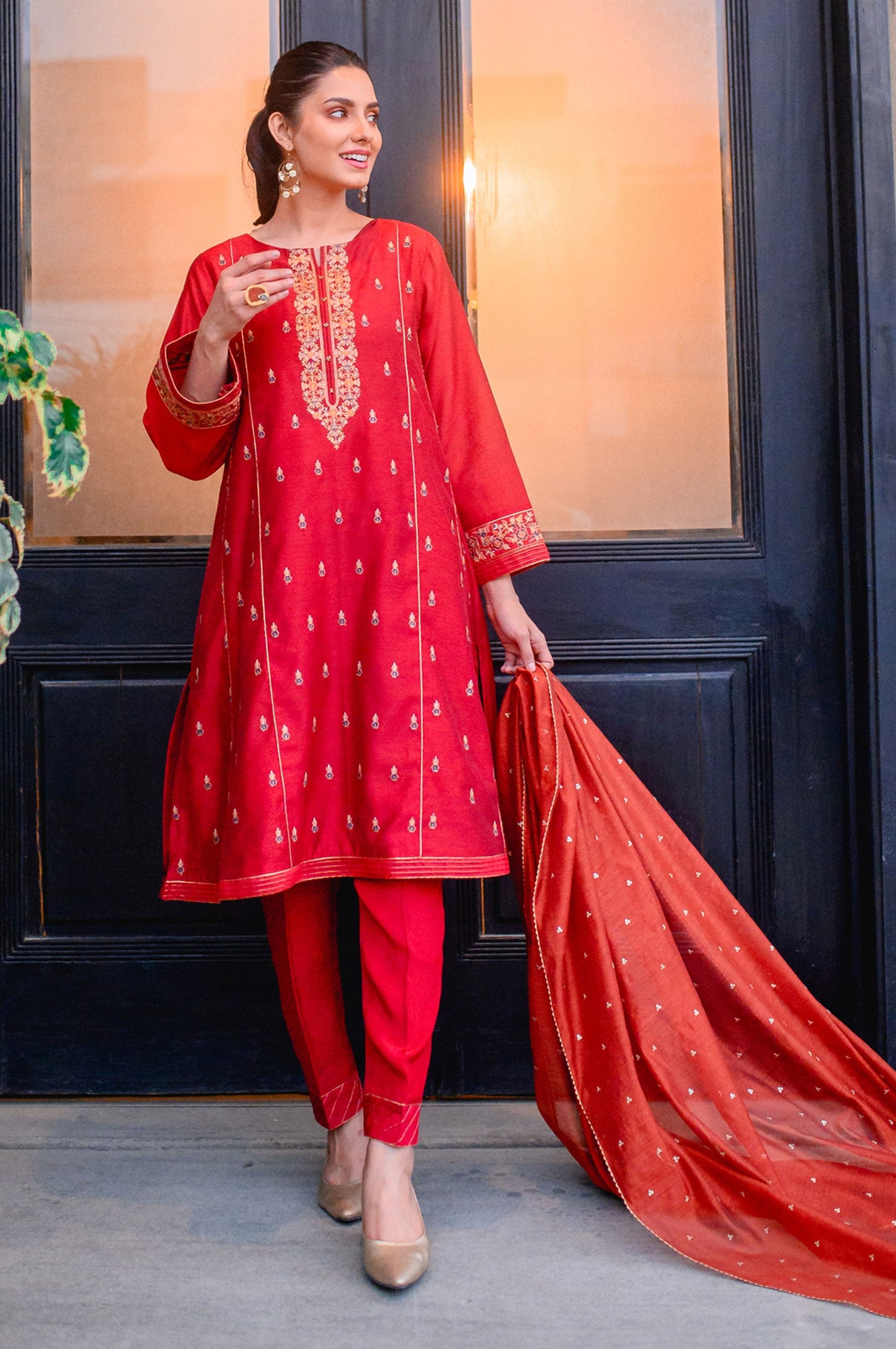 Stitched 3 Piece Cotton Net Embroidered Suit