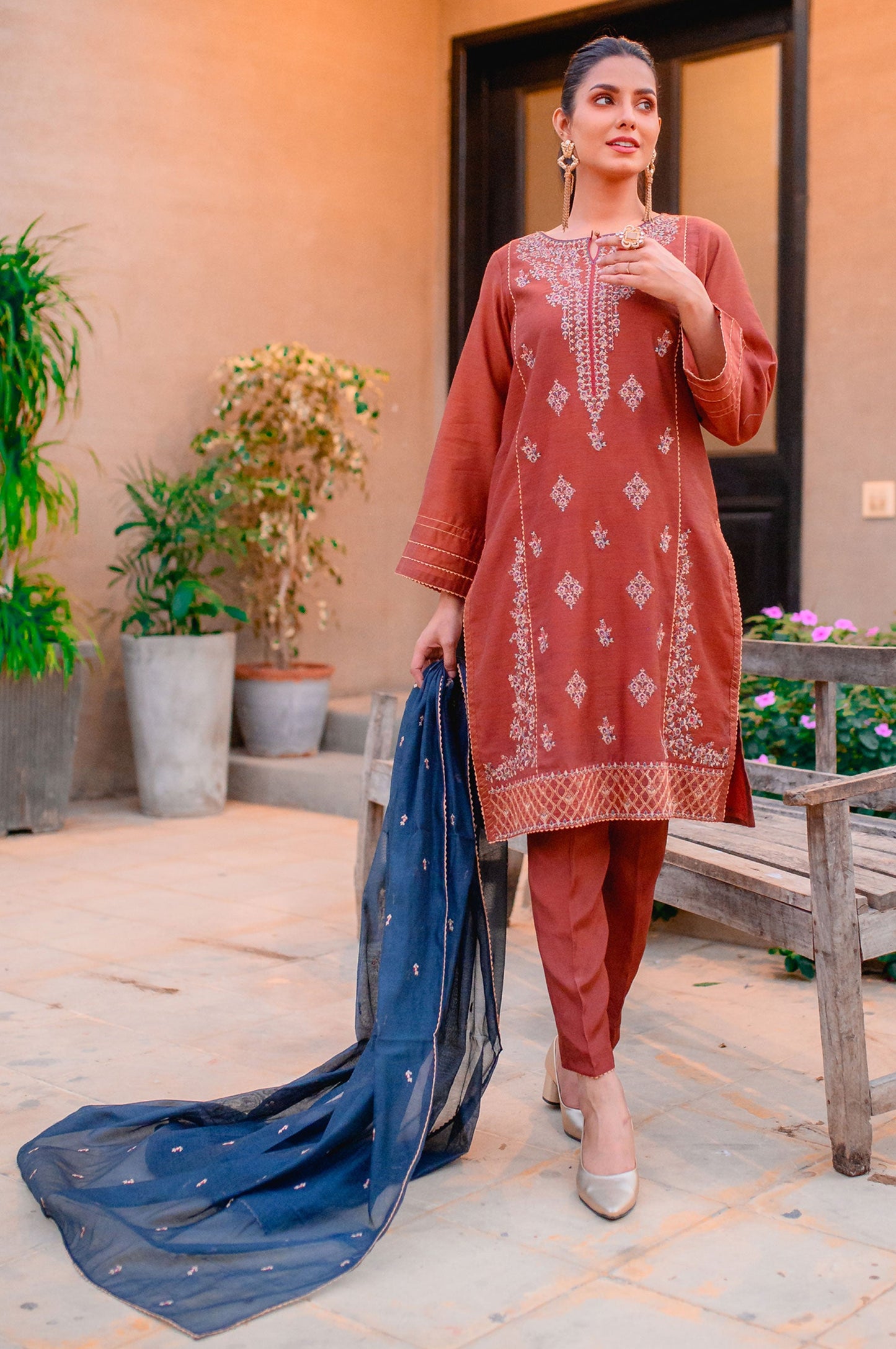 Stitched 3 Piece Cotton Net Embroidered Suit