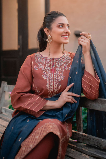 Stitched 3 Piece Cotton Net Embroidered Suit
