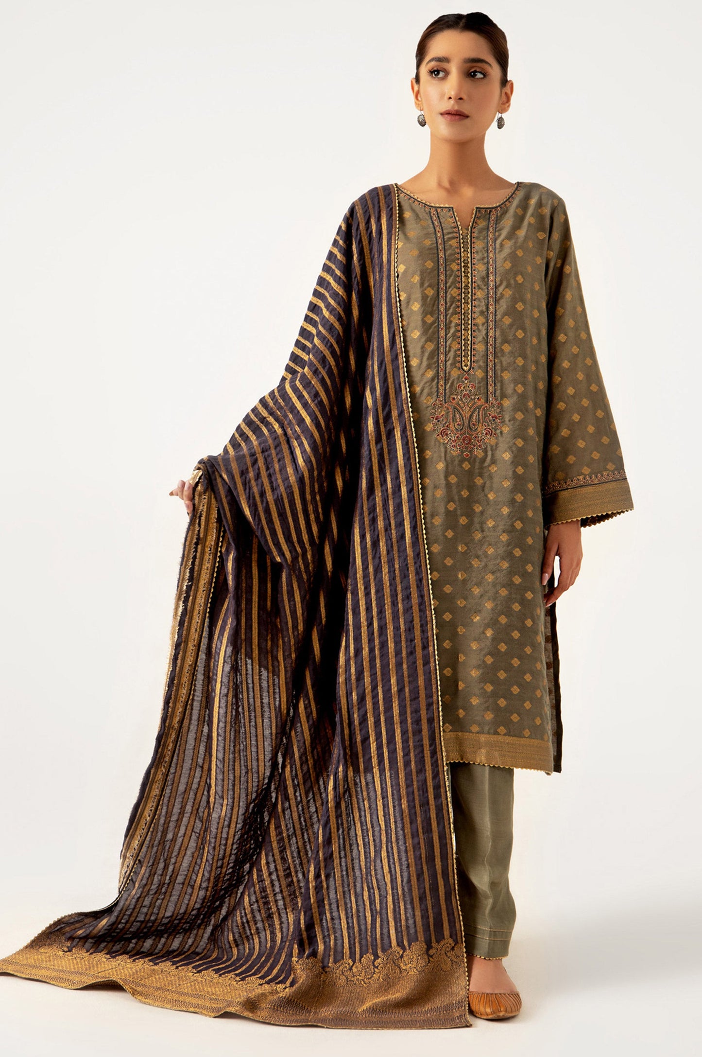 Stitched 3 Piece jacquard Embroidered Suit