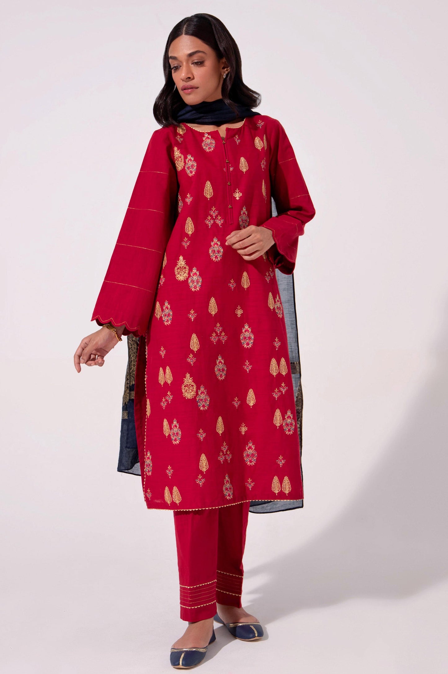 Stitched 3 Piece Cotton Slub Embroidered Outfit