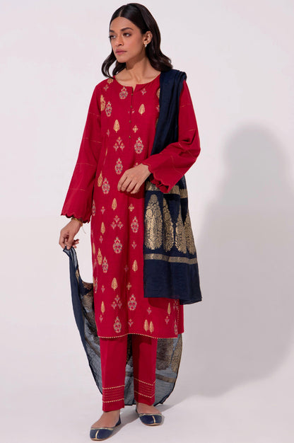 Stitched 3 Piece Cotton Slub Embroidered Outfit