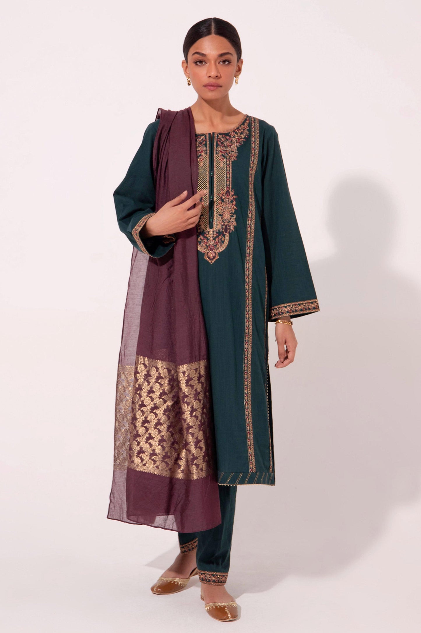 Stitched 3 Piece Cotton Slub Embroidered Outfit