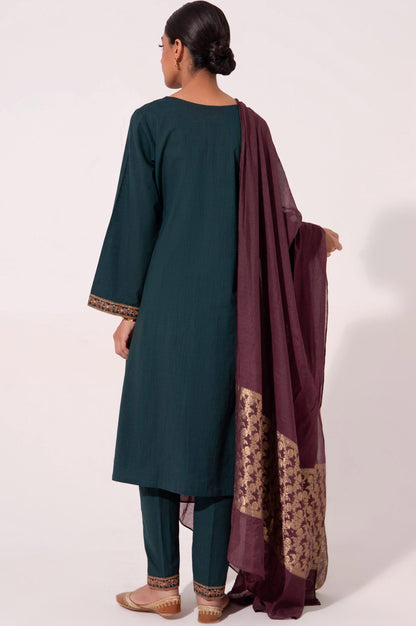 Stitched 3 Piece Cotton Slub Embroidered Outfit