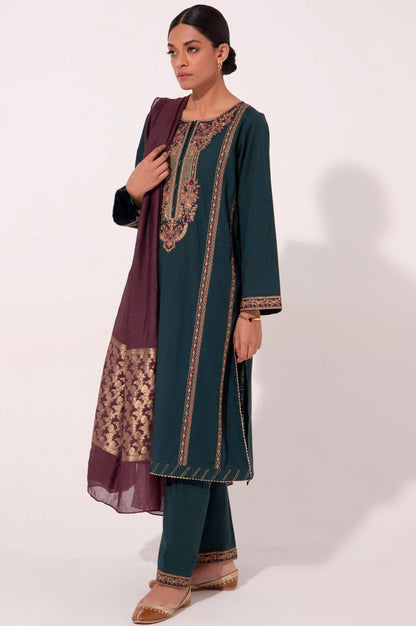 Stitched 3 Piece Cotton Slub Embroidered Outfit