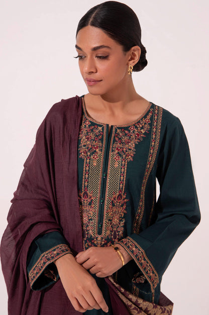 Stitched 3 Piece Cotton Slub Embroidered Outfit
