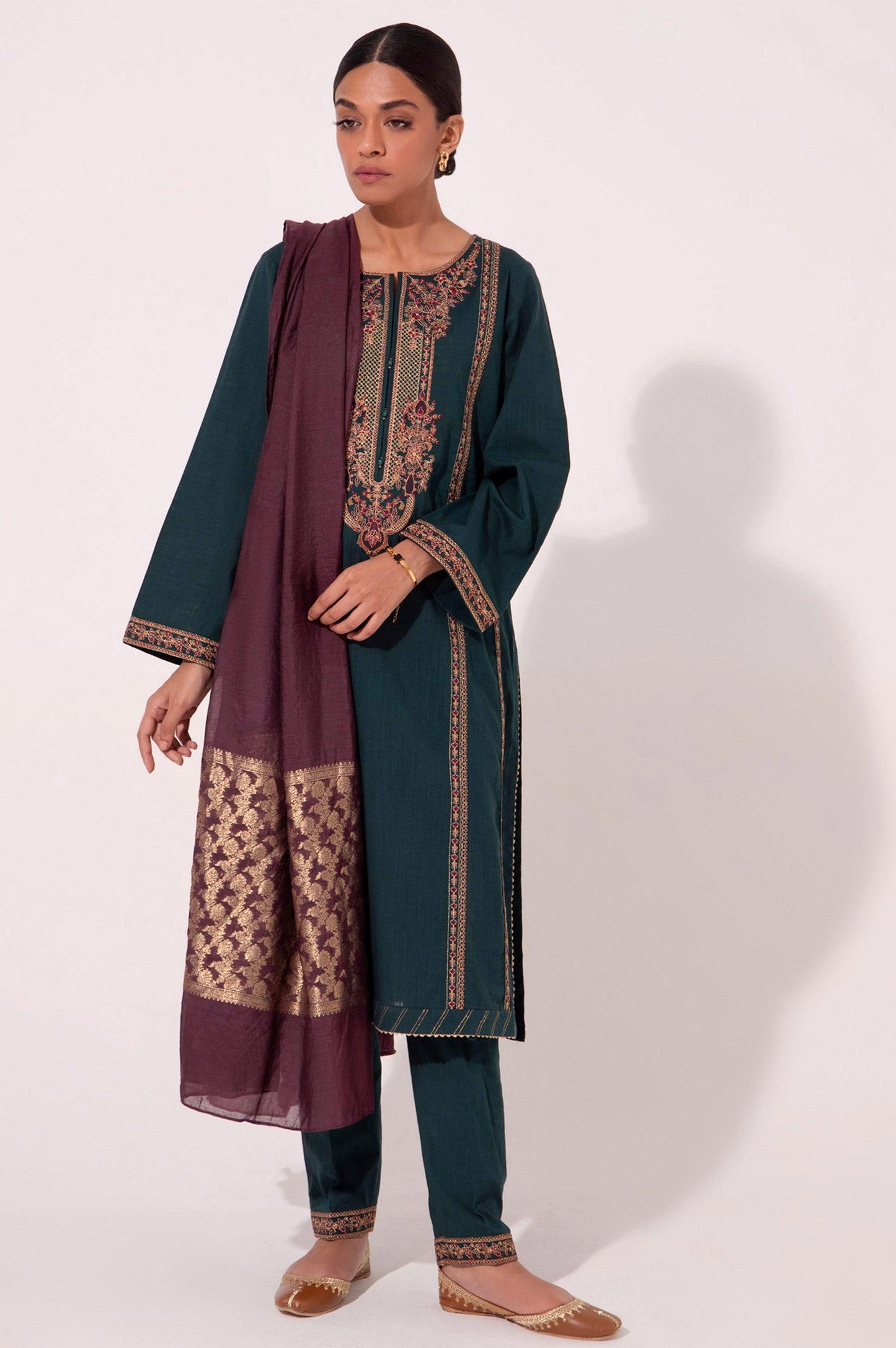 Stitched 3 Piece Cotton Slub Embroidered Outfit