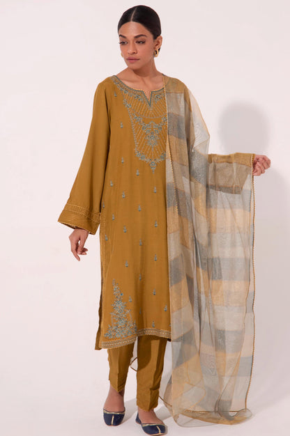 Stitched 3 Piece Embroidered Raw Silk Outift
