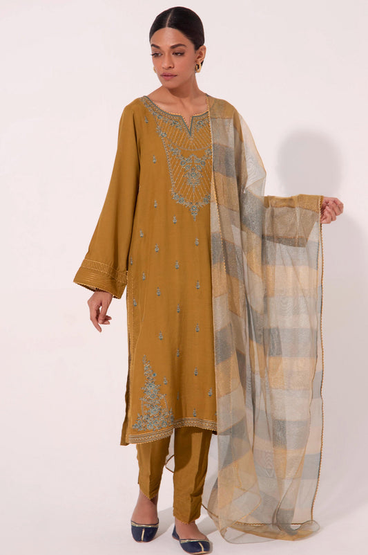 Stitched 3 Piece Embroidered Raw Silk Outift