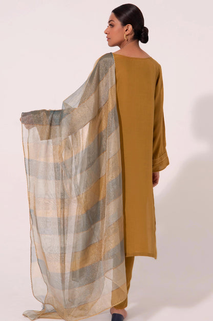 Stitched 3 Piece Embroidered Raw Silk Outift