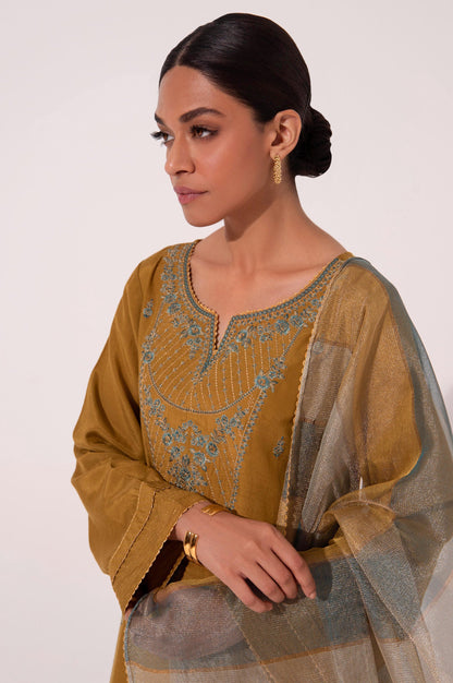 Stitched 3 Piece Embroidered Raw Silk Outift