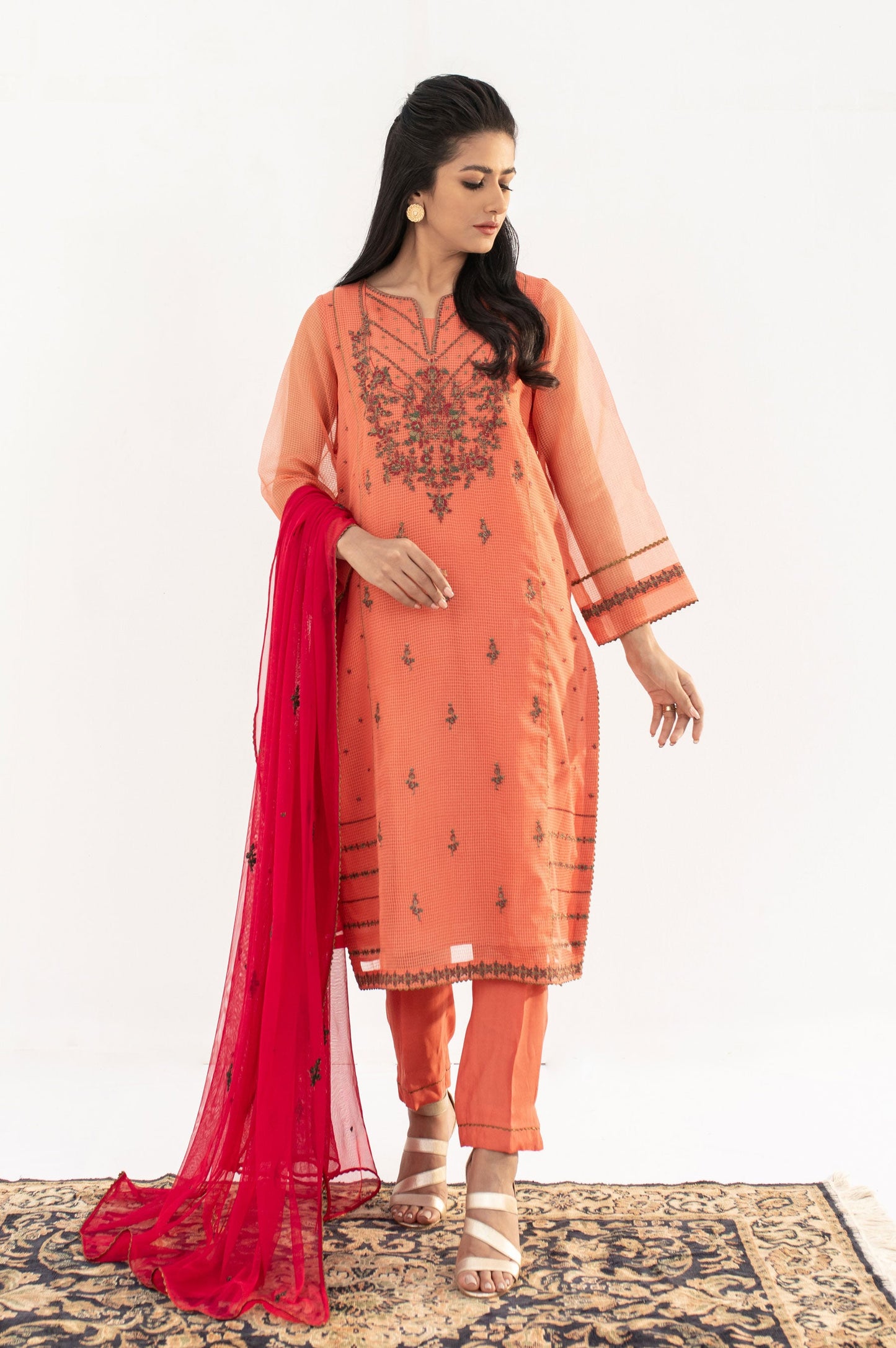 Stitched 3 Piece Embroidered Checkered Organza Outfit